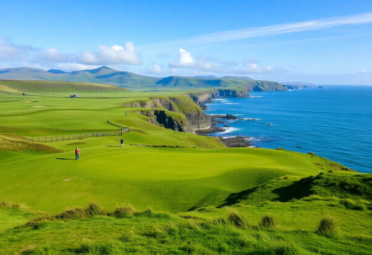 Golfers on a scenic golf course in Ireland
