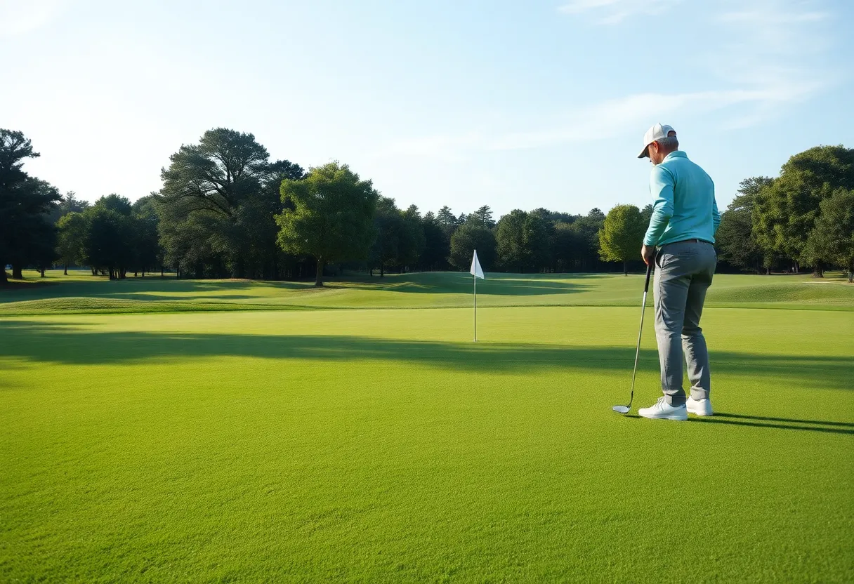 Golfer preparing to take a long putt on a beautiful golf course