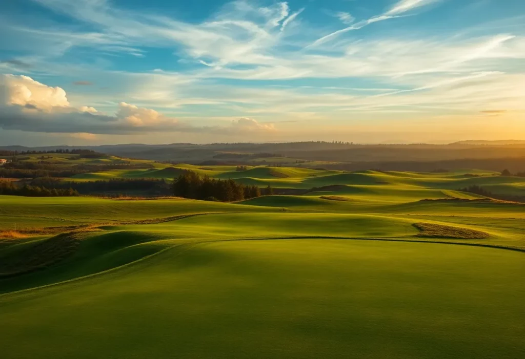 A beautiful golf course landscape with lush greens and an elegant clubhouse