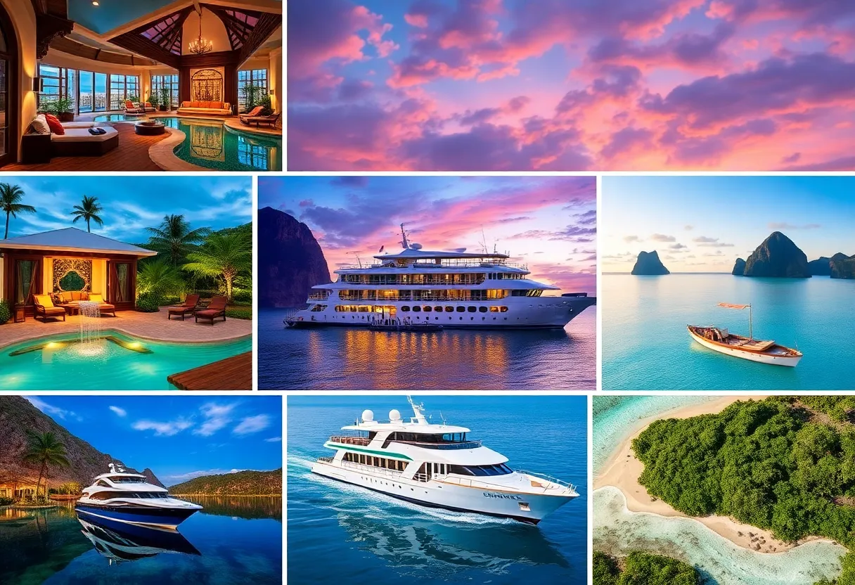 A collage of luxury travel experiences featuring stunning hotels and scenic views from North and Central America.