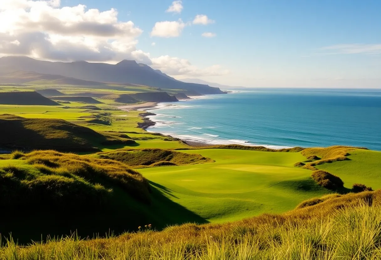 Scenic view of Machrihanish Dunes golf course with coastal landscape