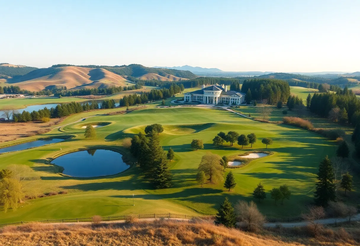 Aerial view of a new golf course inspired by Alister MacKenzie with natural landscapes.