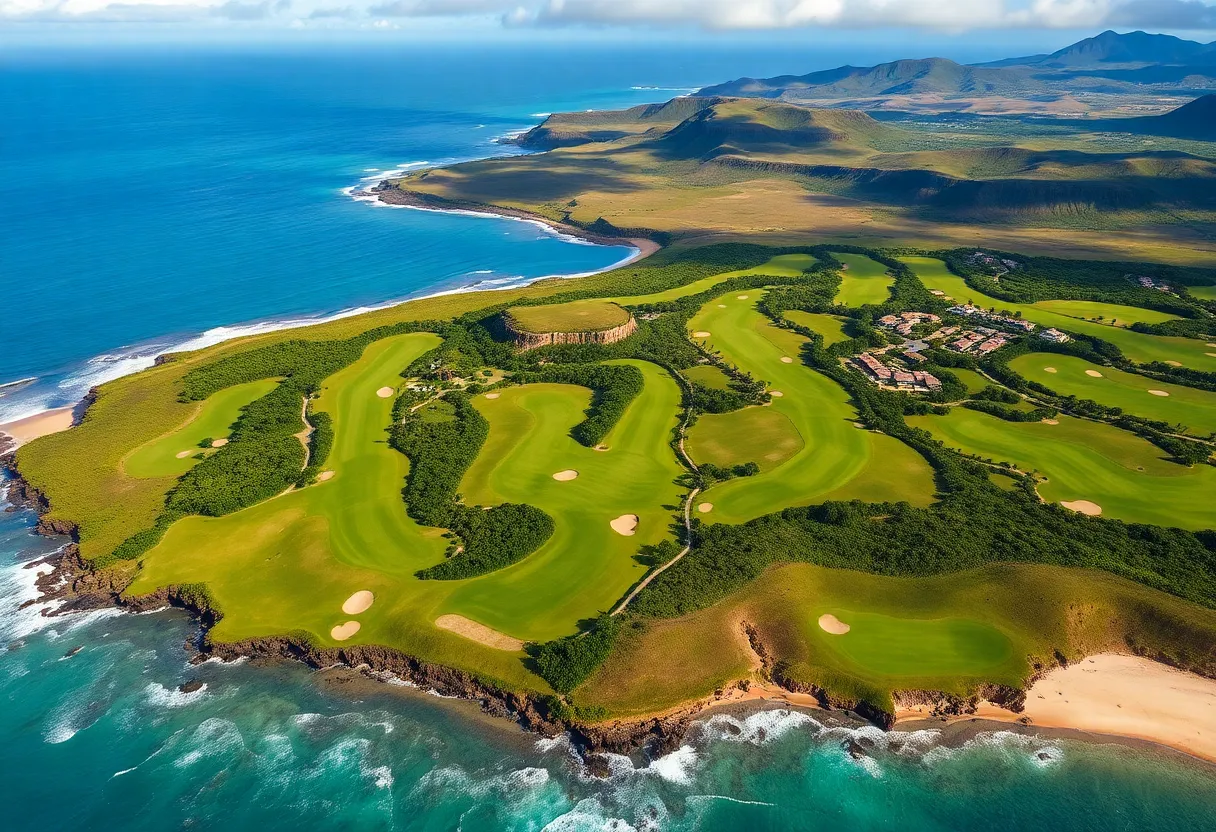 Aerial view of Mauna Lani golf courses with ocean views