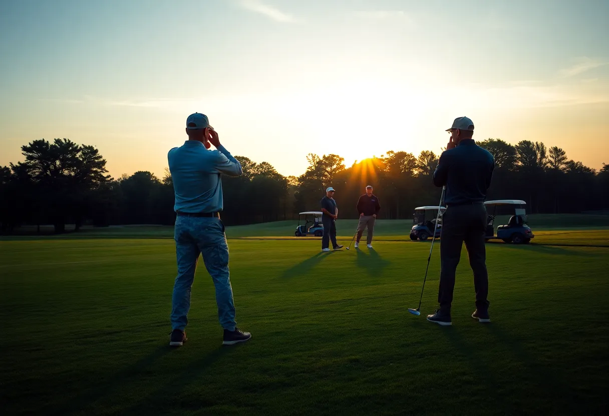 A beautiful military golf course with service members playing golf.