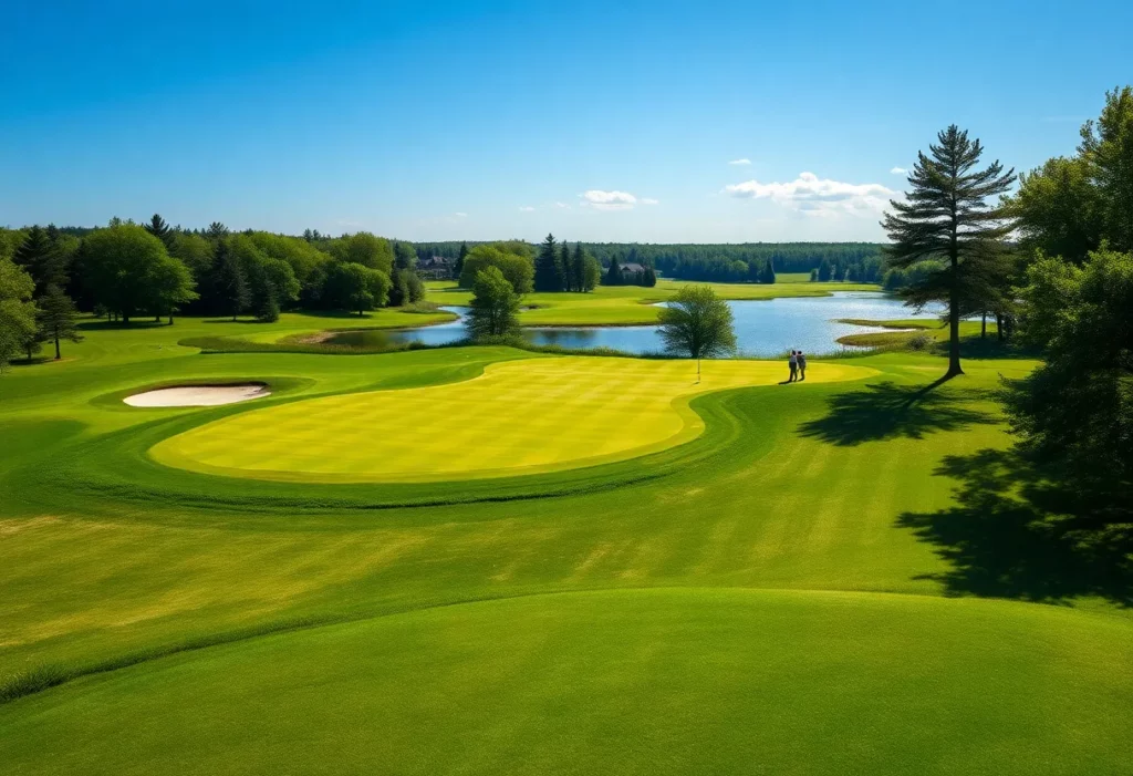 A scenic view of a golf course in Minnesota during summer with lush fairways and players.
