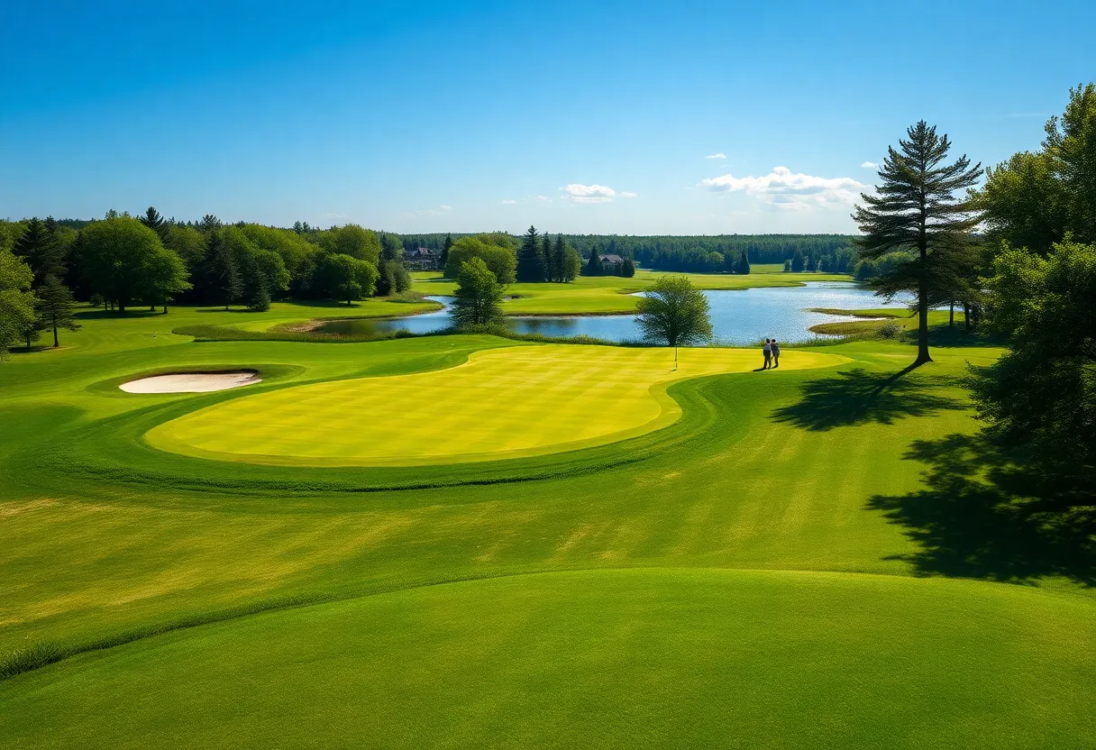 A scenic view of a golf course in Minnesota during summer with lush fairways and players.