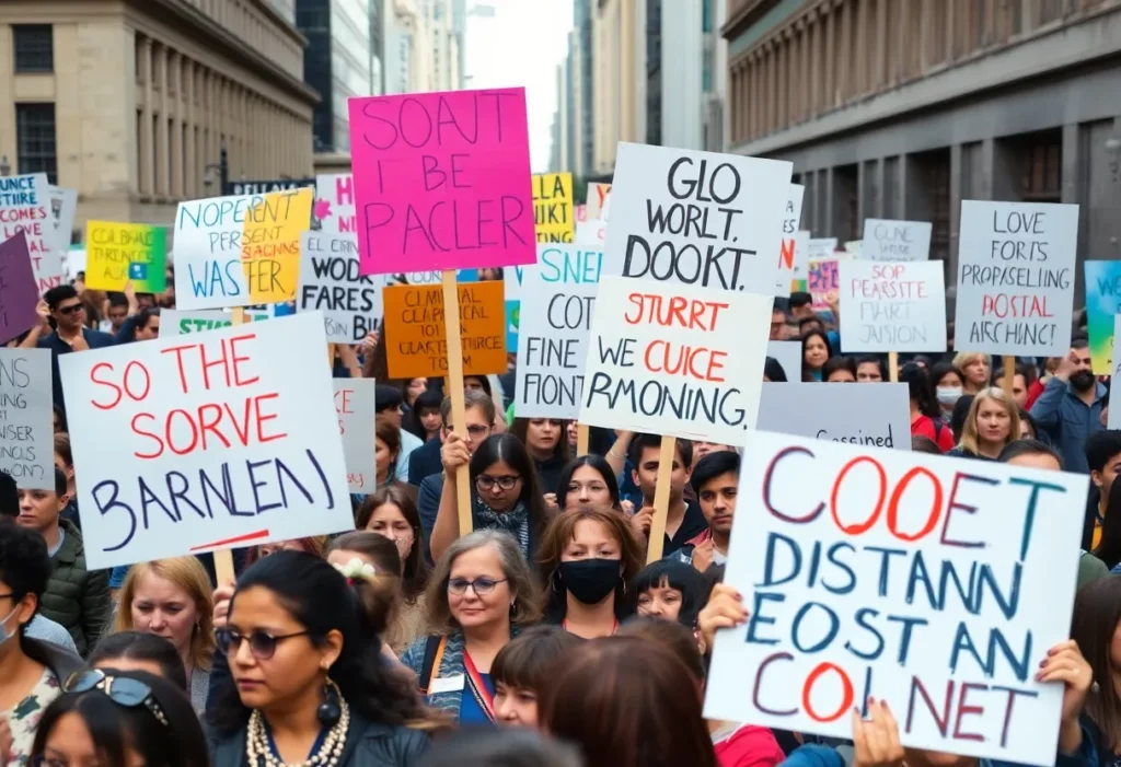 Protesters holding signs during a rally against Trump's policies