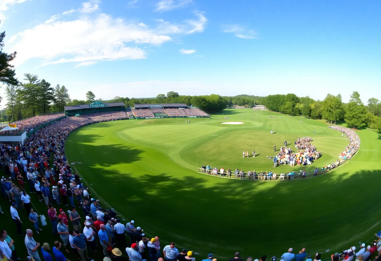 View of the Quail Hollow Club during the PGA Championship with a cheering crowd