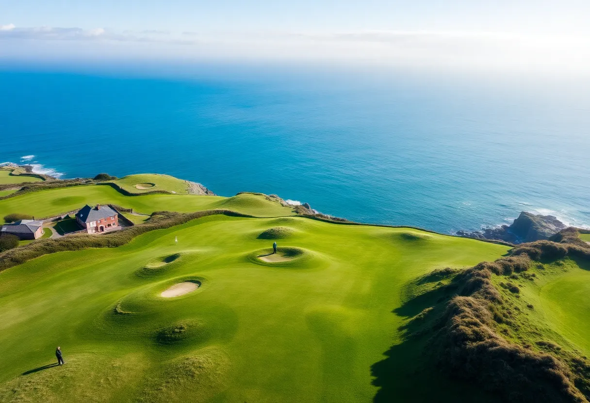 Aerial view of Portmarnock Golf Club with golfers on the course