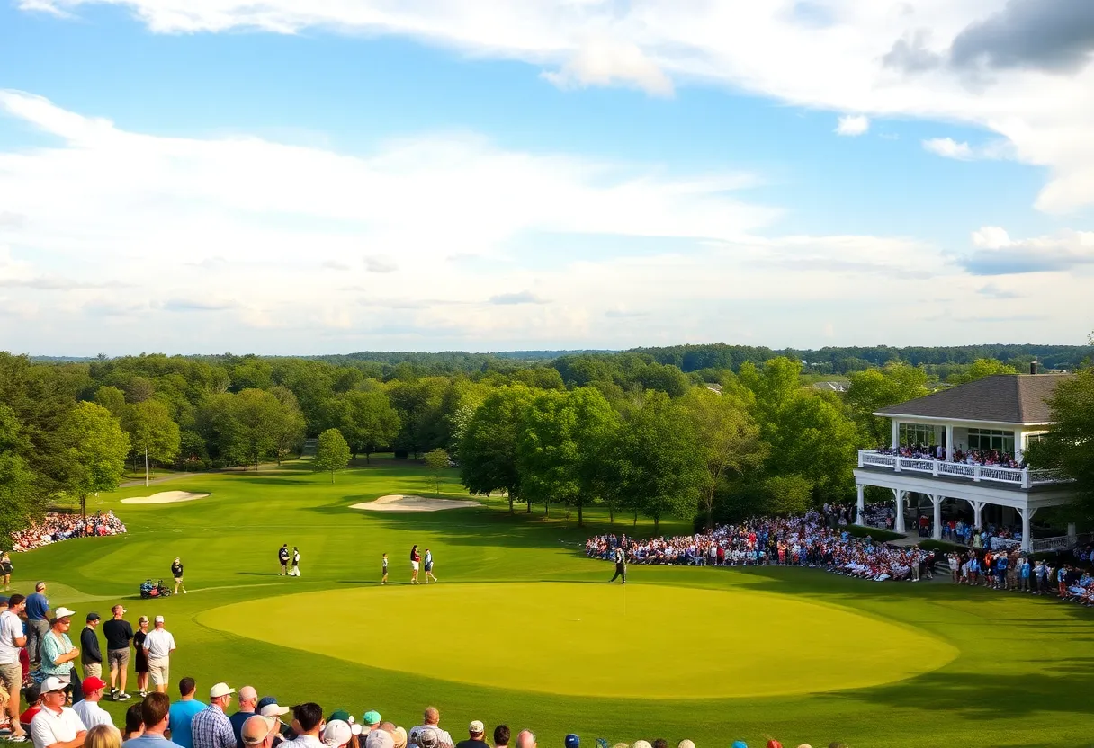 Aerial view of Quail Hollow Club during the PGA Championship filled with golf enthusiasts.