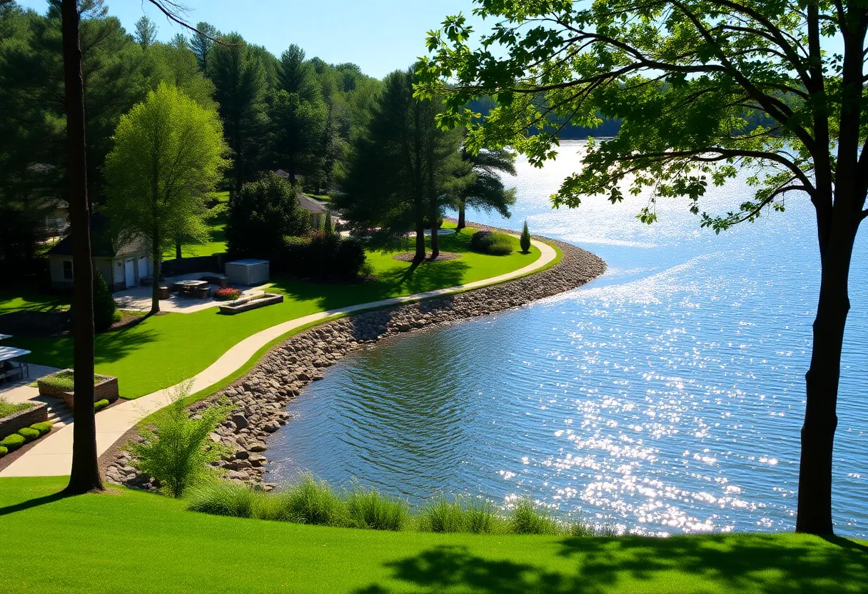 A picturesque view of Reynolds Lake Oconee with lush surroundings and serene water.