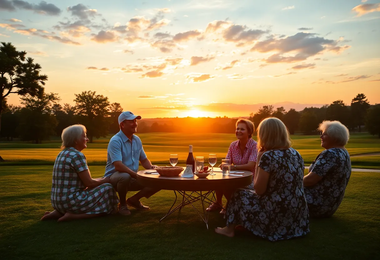 Celebration of a golfer's victory with family and friends on a golf course.