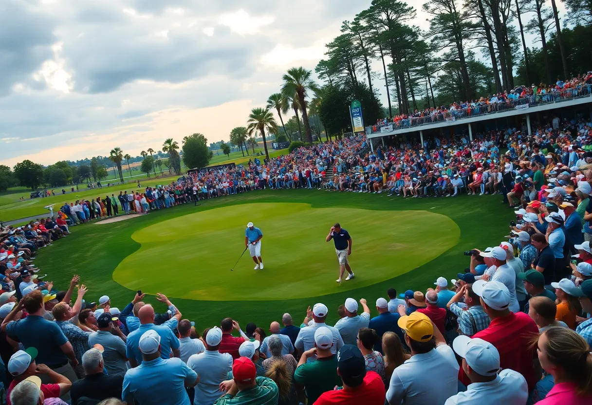 Golf tournament scene with players and spectators.