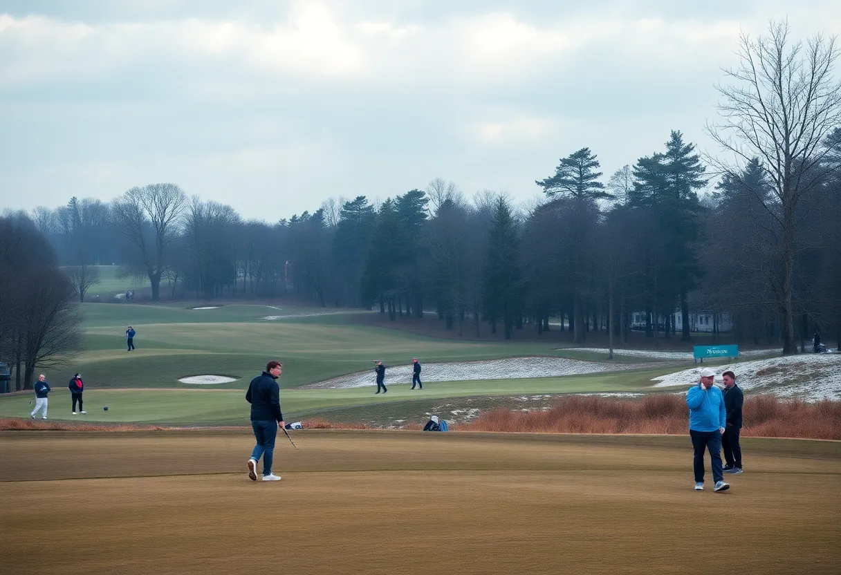 Golf players competing in a cold weather exhibition match