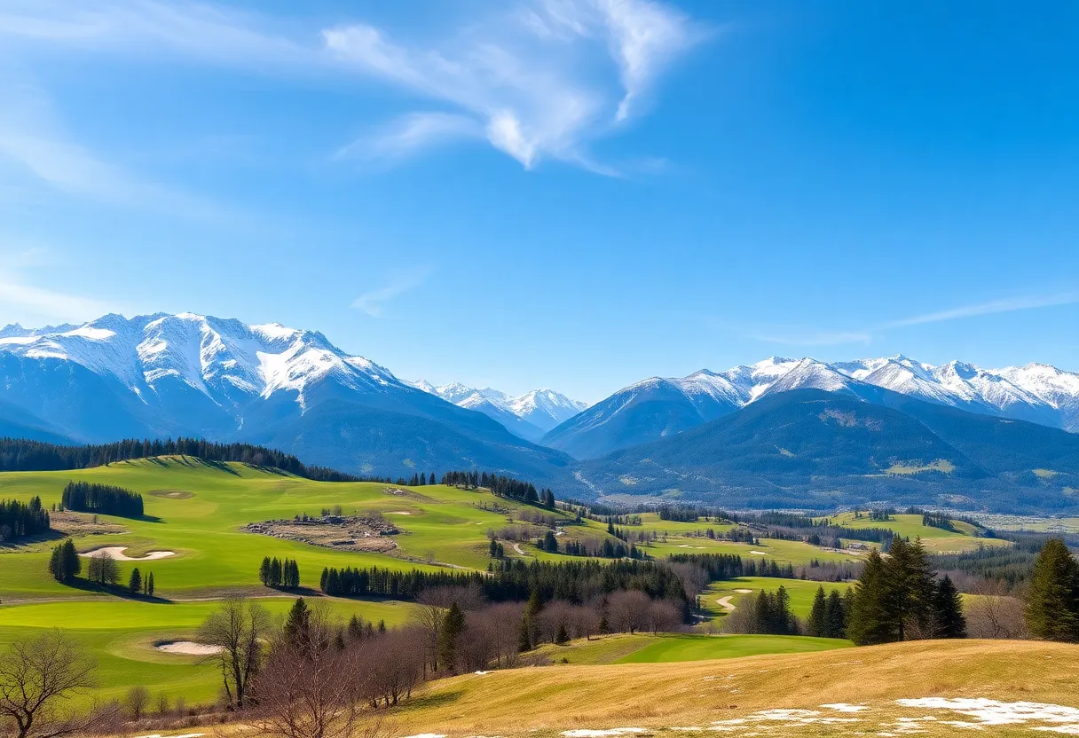 Mountain slopes for skiing and lush golf course in springtime