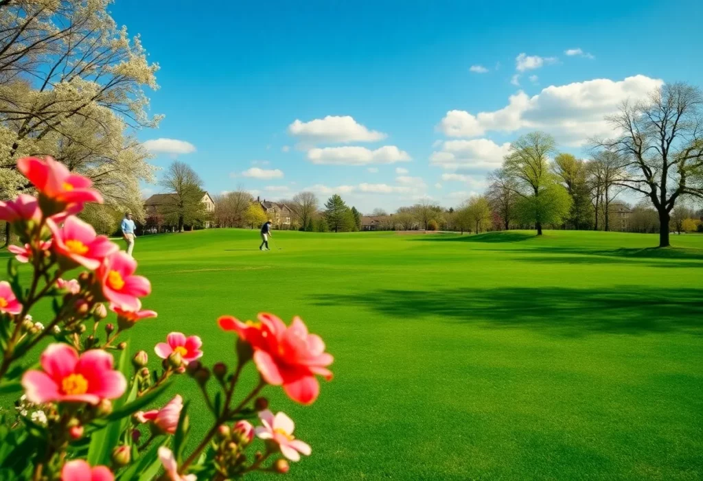 Golfers enjoying a sunny day on a picturesque golf course in spring.