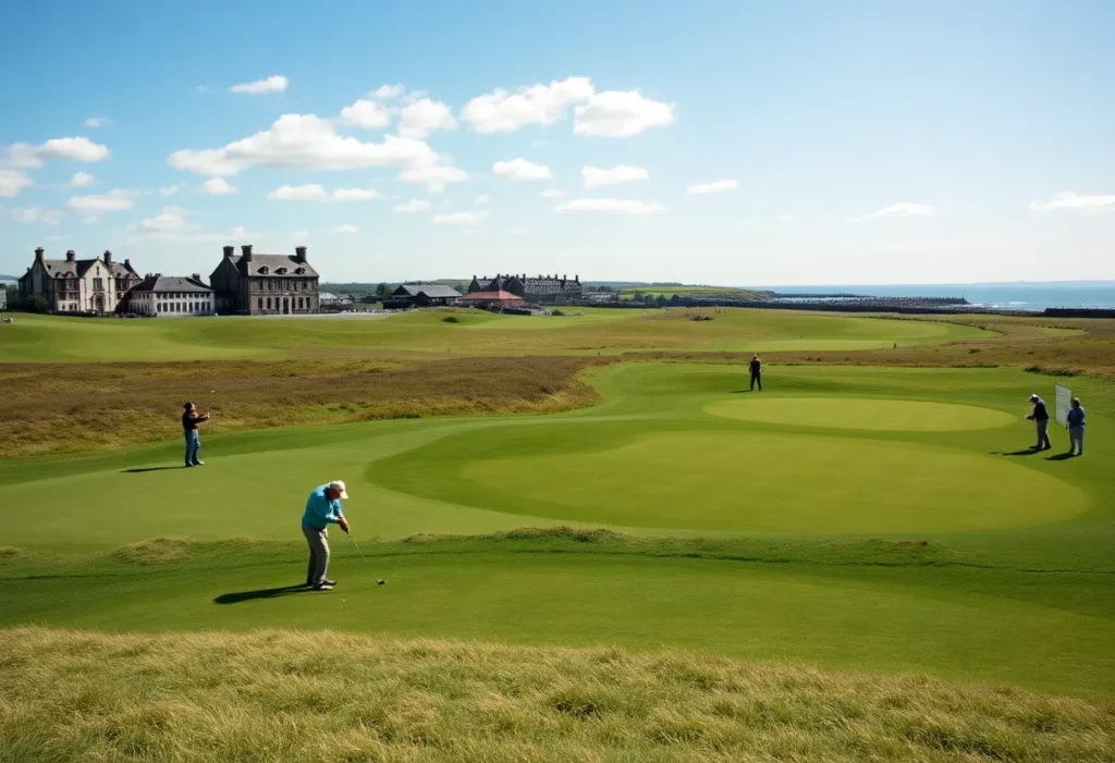 Golfers at St Andrews Old Course practicing in reverse layout.
