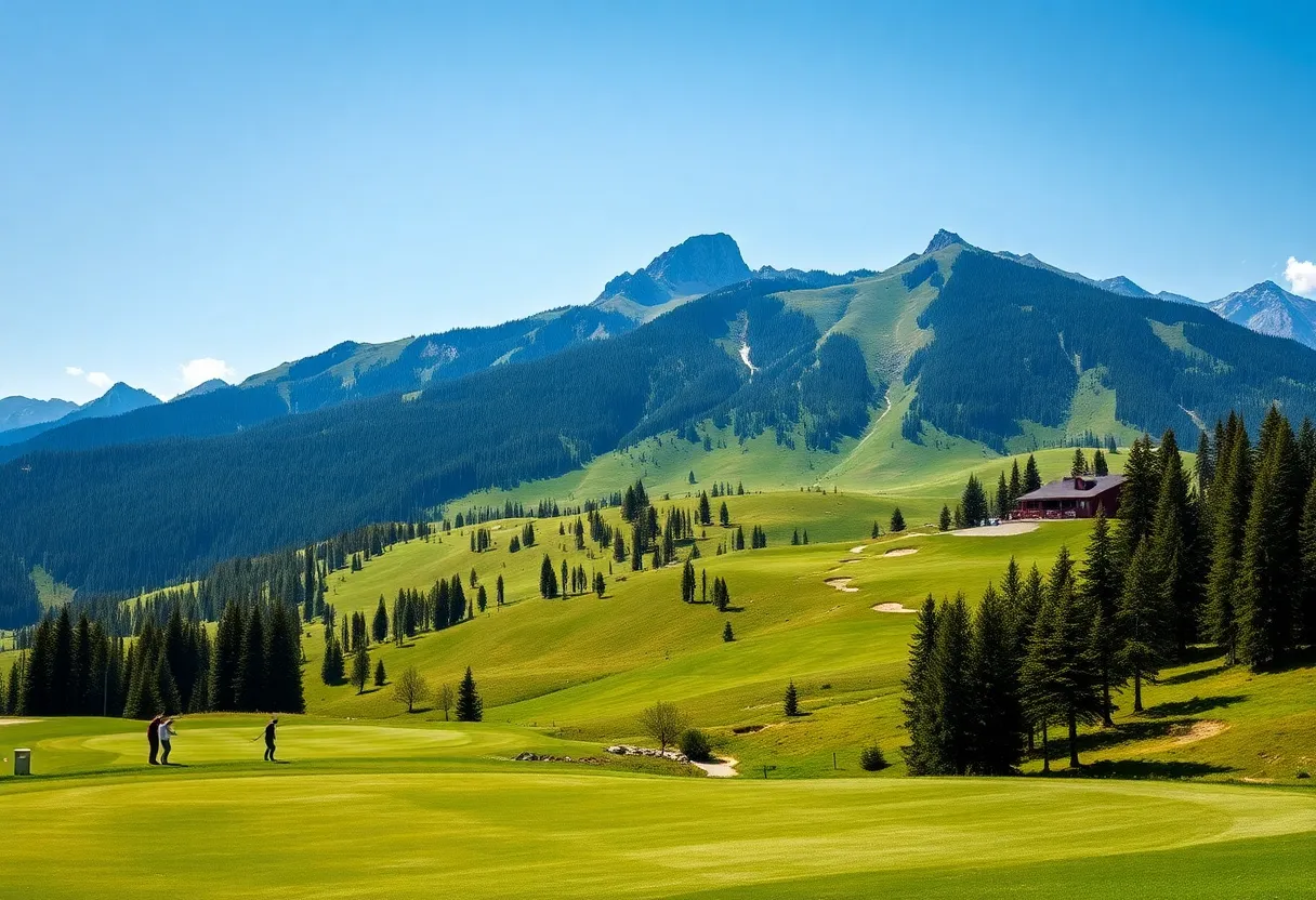Golfers playing on a summer golf course at a ski resort with mountains in the background