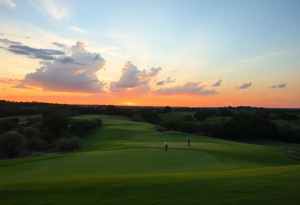 A scenic view of a golf course in Texas during sunset