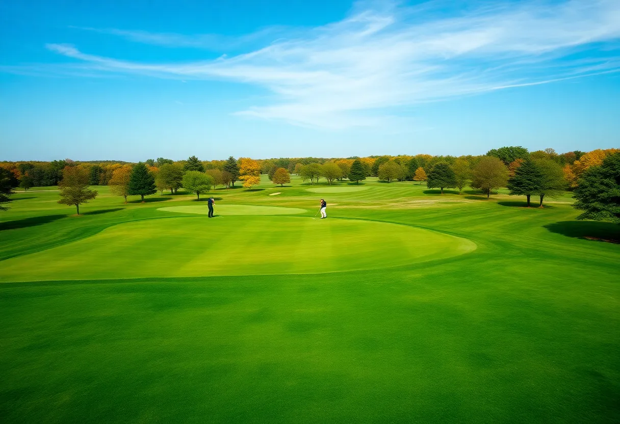 Golfers playing at a picturesque course in Illinois or Wisconsin.