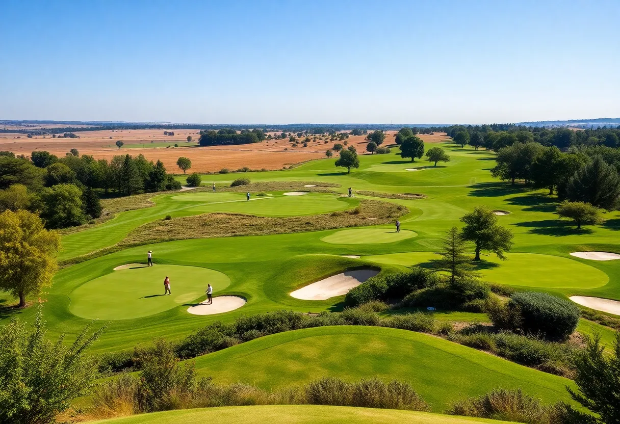 Scenic view of a public golf course featuring lush greens and players