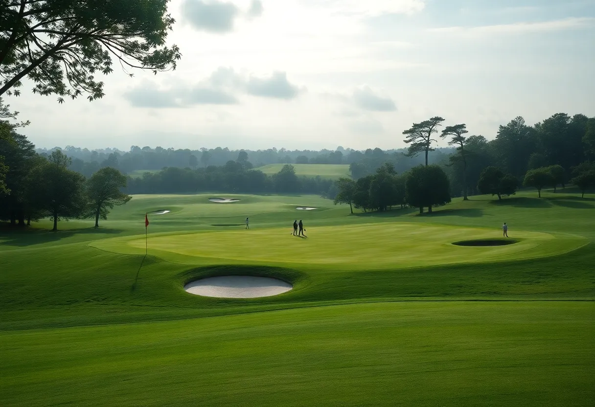 A scenic view of TPC Sawgrass Golf Course with golfers in the distance.