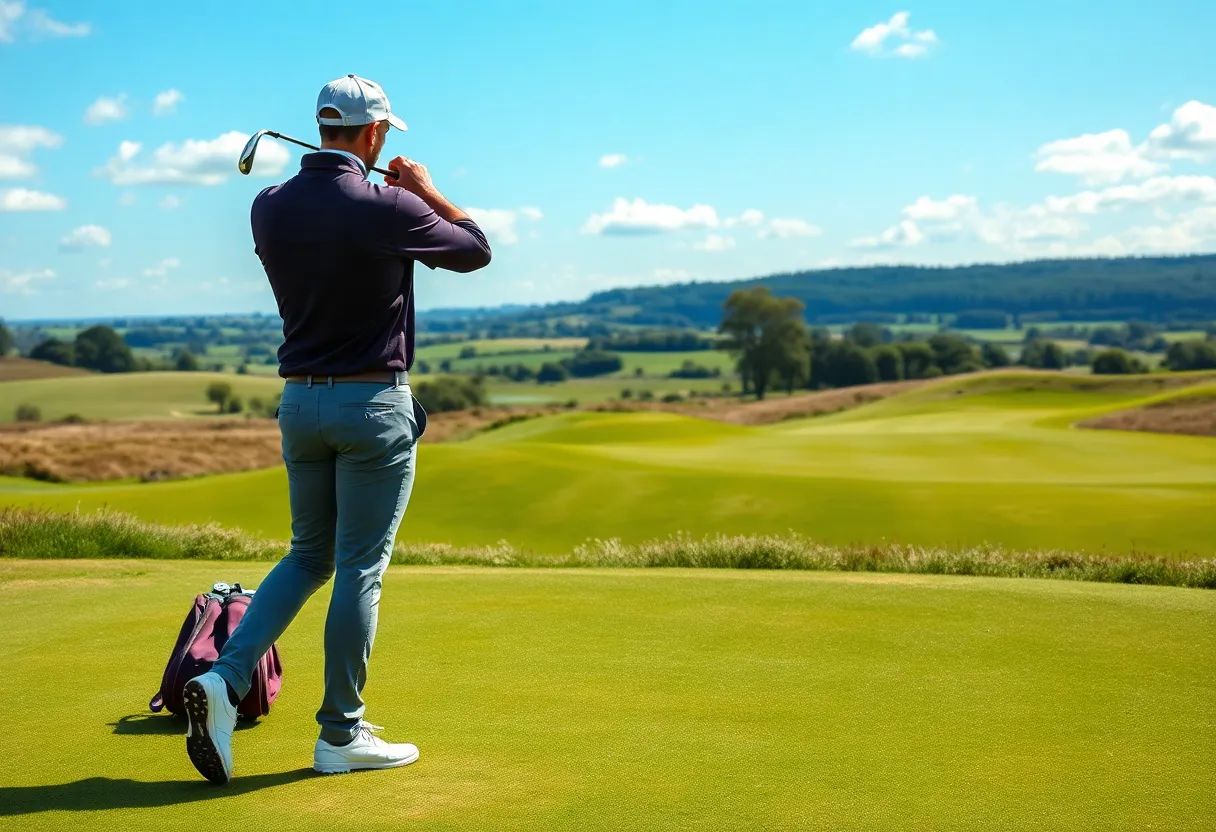 A golfer at a prestigious U.K. golf course with lush greenery.
