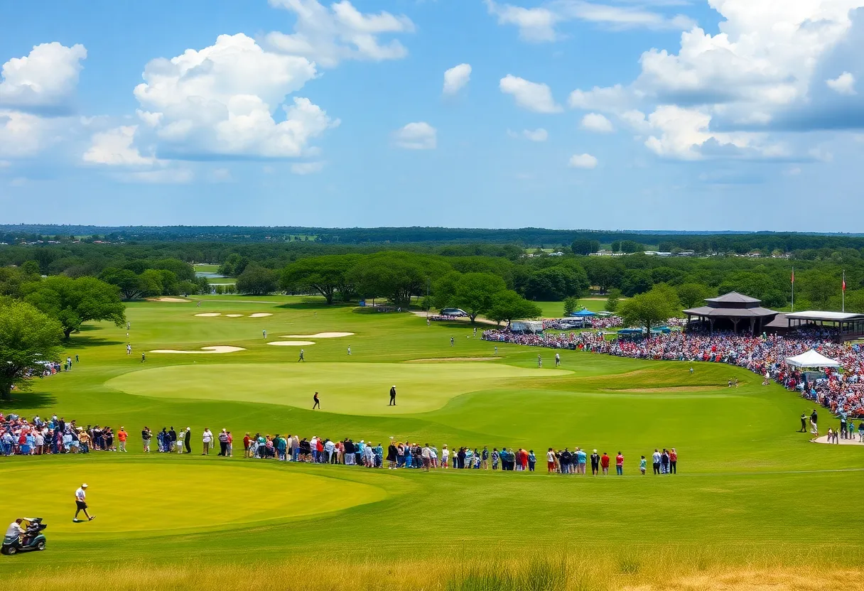 Golfers competing in the Valero Texas Open tournament surrounded by lush landscapes.