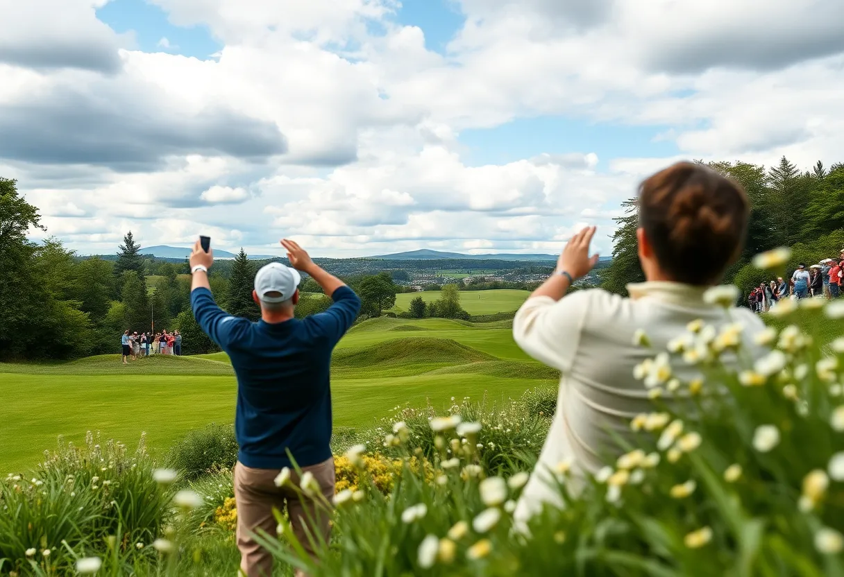 A beautiful golf course in Scotland during a tournament with fans in the background.