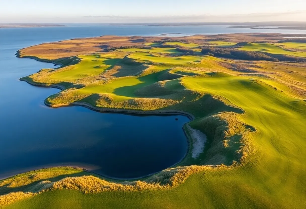 Scenic view of Aberdovey Golf Club with dunes and estuary