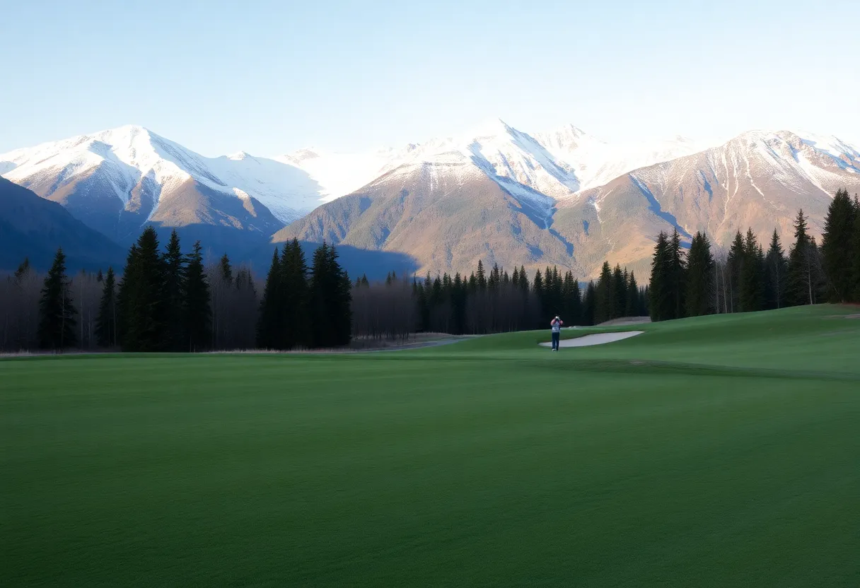 Early spring golf course in Alaska with snow-capped mountains