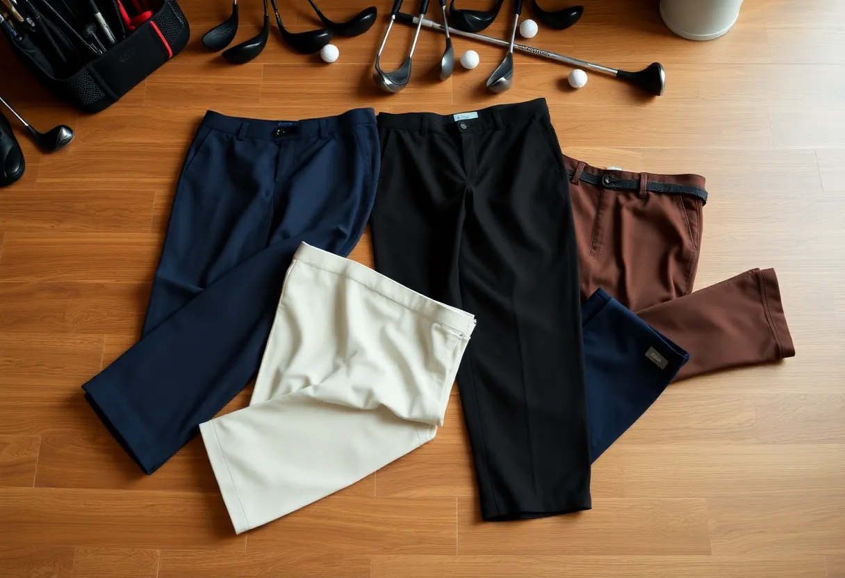 Stylish golf trousers displayed with golf equipment