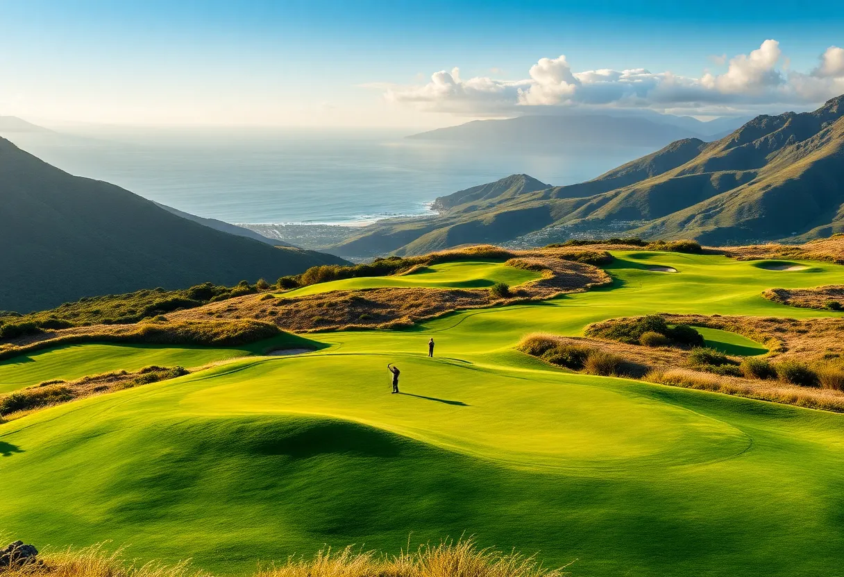 Beautiful view of Cabot Golf Course with golfers in play.