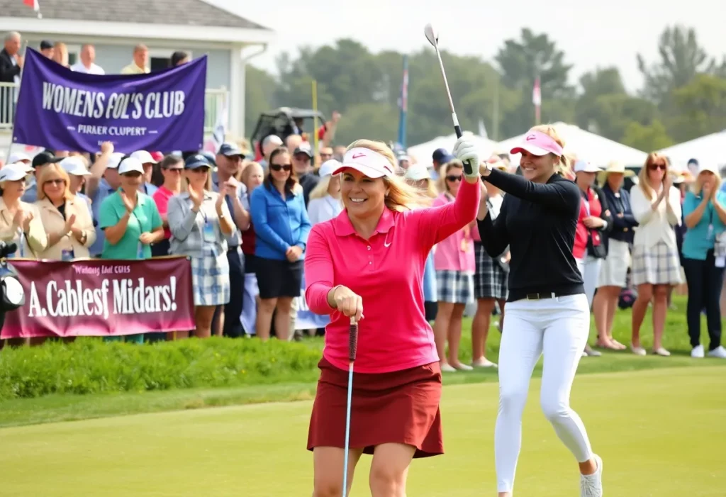 Women golfers competing in the Curtis Cup 2024 with spectators in the background
