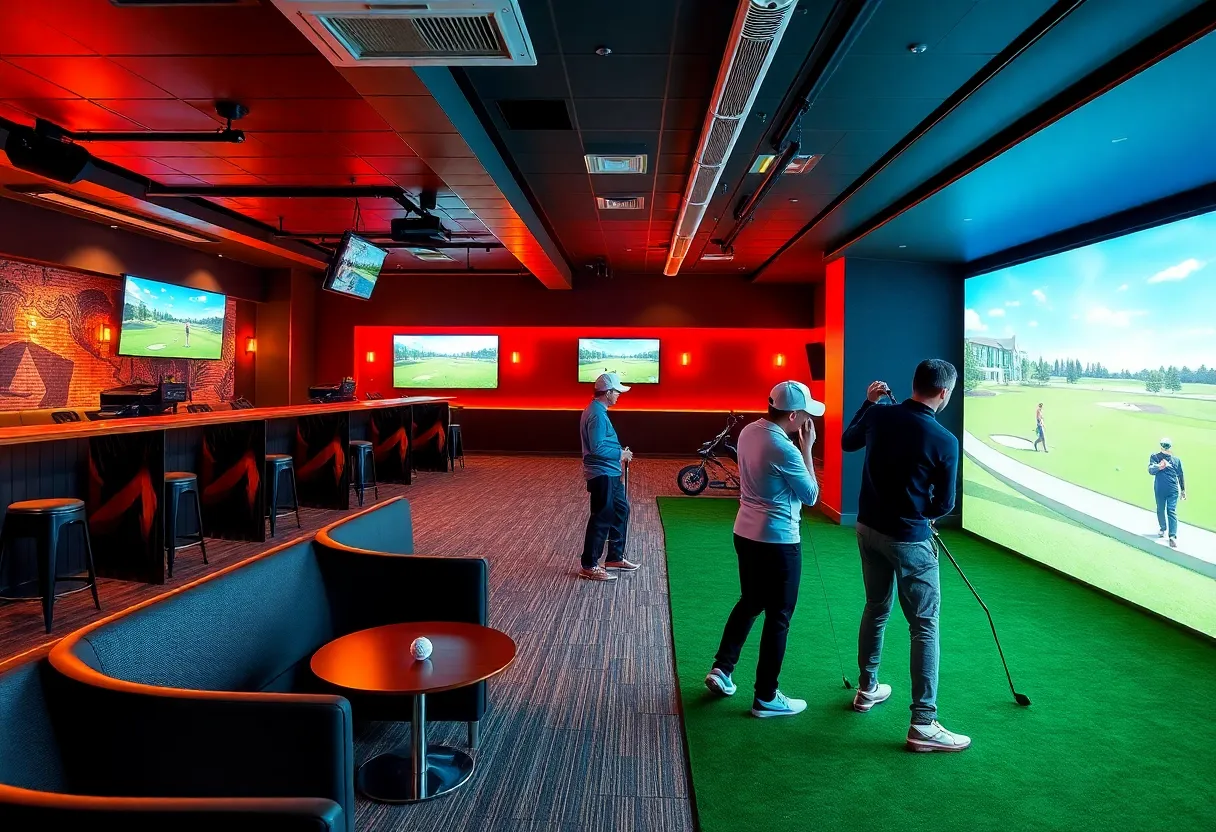 Interior of Doglegs Golf Lounge with simulators