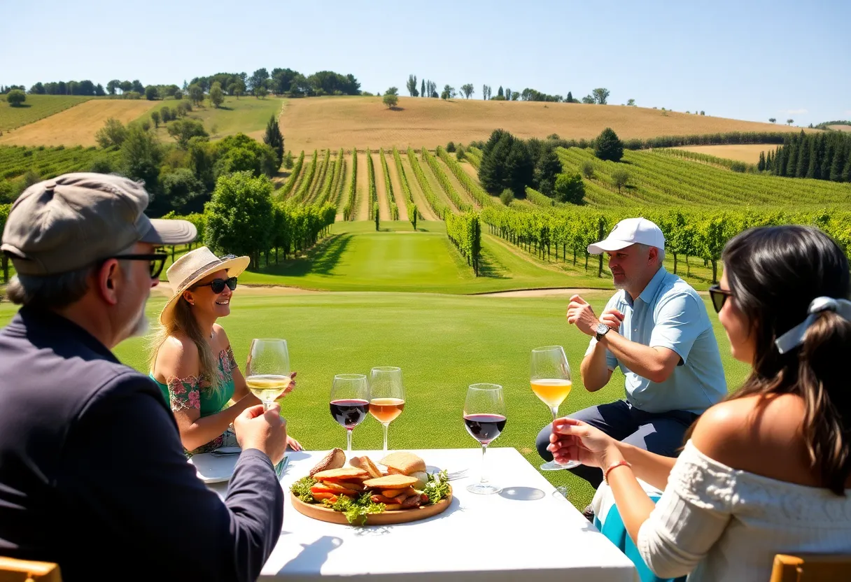 Golfers enjoying a gourmet meal near a vineyard