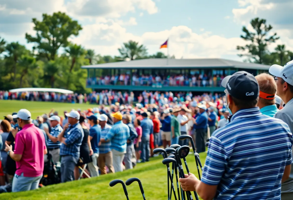 An atmosphere filled with golf fans and announcers at a golf tournament