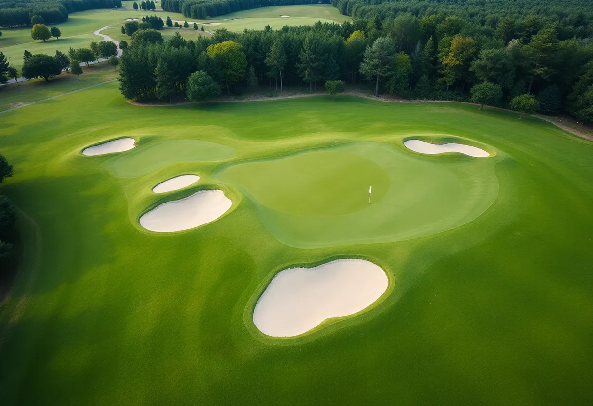 A scenic view of a modern golf course illustrating beautiful landscape design.