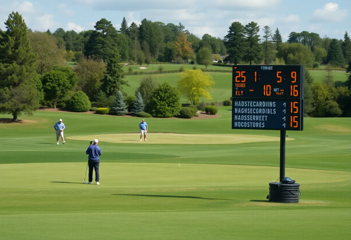 A golfer preparing to swing on a lush green golf course.