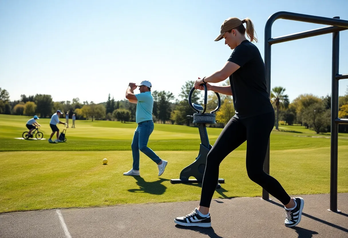 Golfers participating in fitness training on a golf course