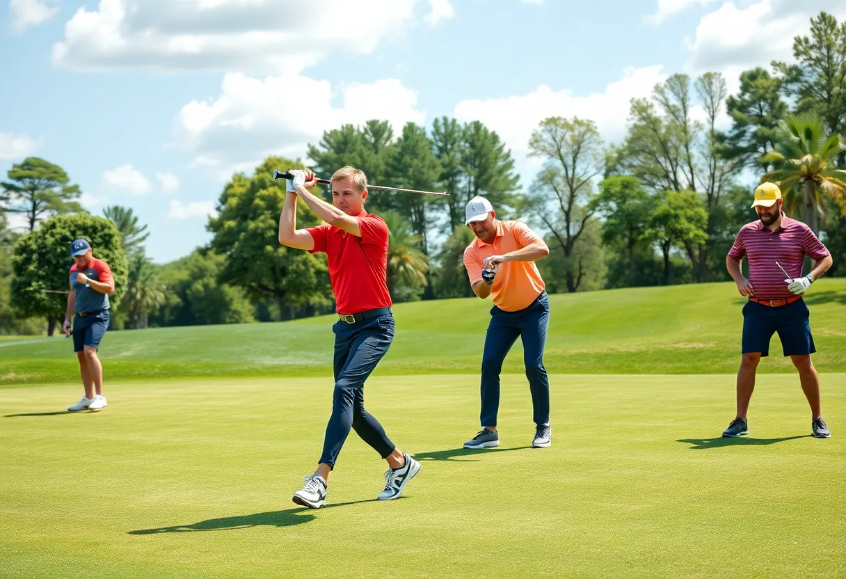 Golfers participating in fitness training on a golf course