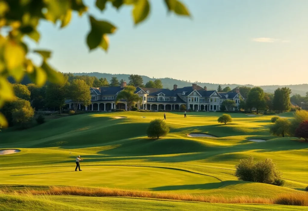 Golfers enjoying a scenic golf course at a luxury resort.