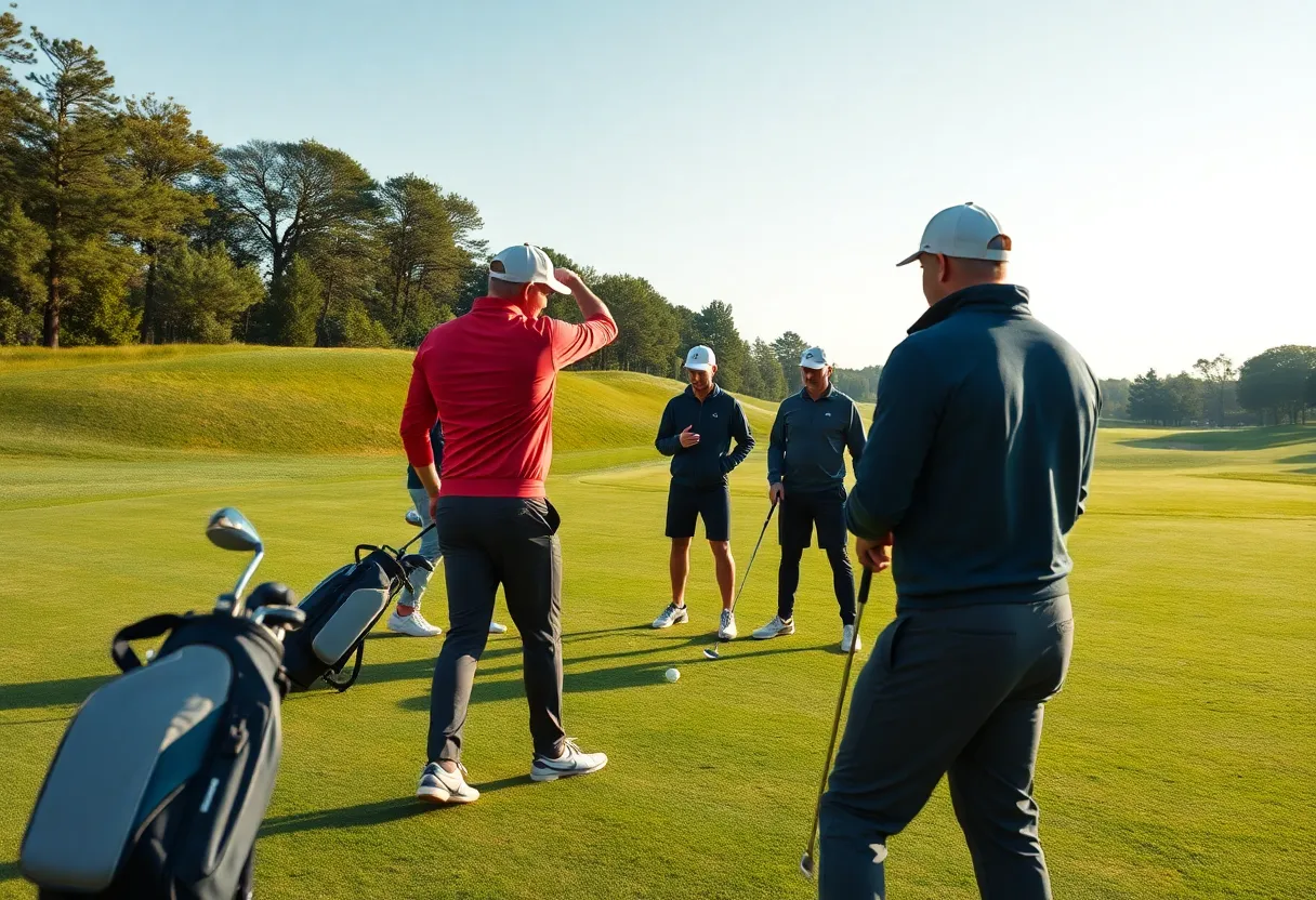 Golf coaches demonstrating techniques on the course