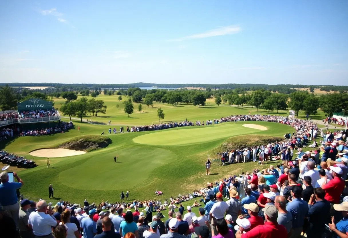 Golf tournament at TPC Sawgrass with spectators and lush greens.