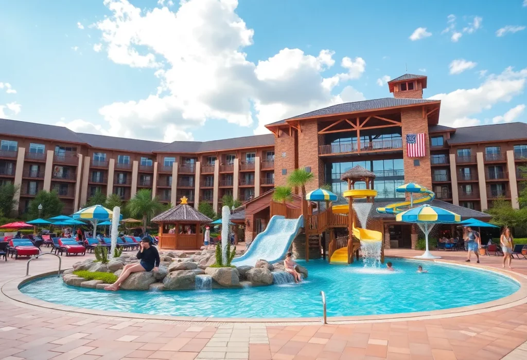 Renovated Great Wolf Lodge water park filled with families having fun.
