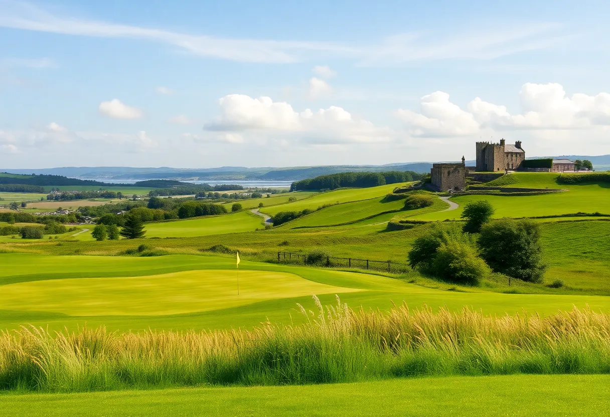 Beautiful landscape of an Irish golf course with green fairways.
