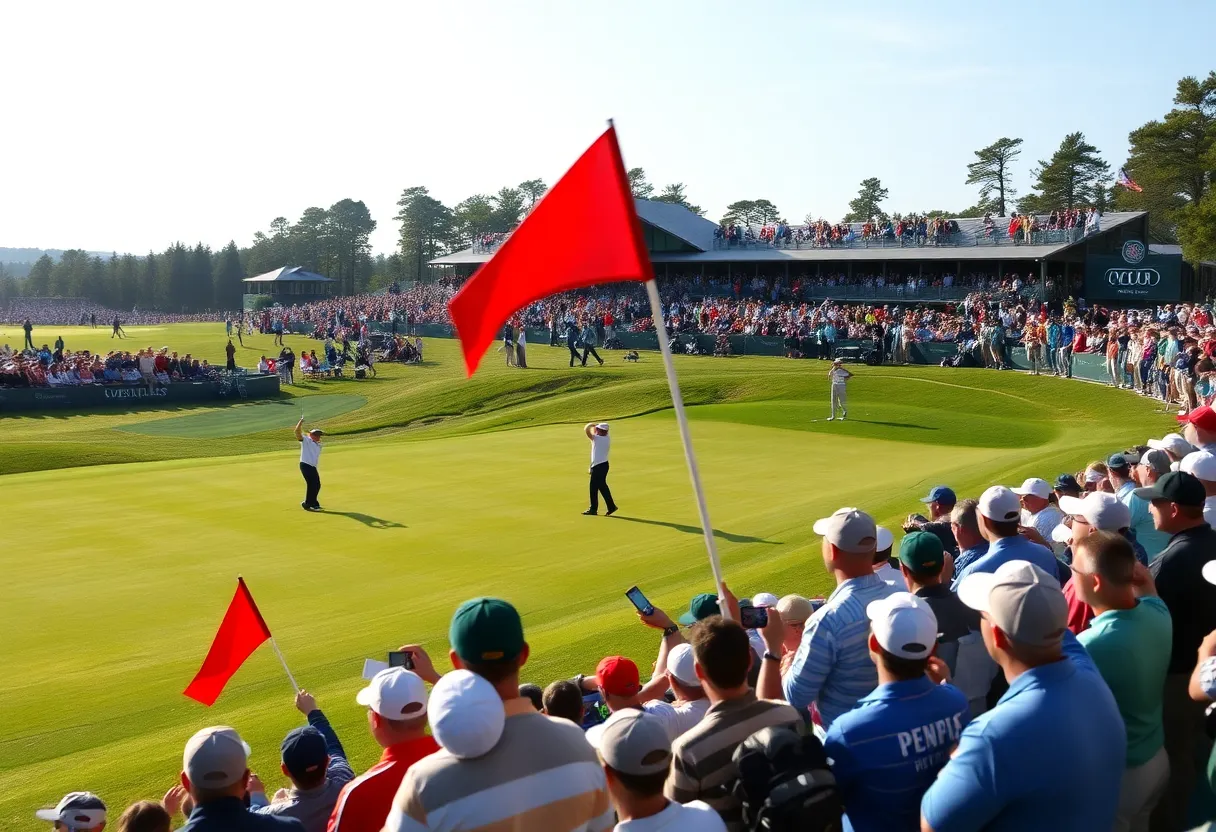Golf players practicing on a course with fans in the background during a major championship.