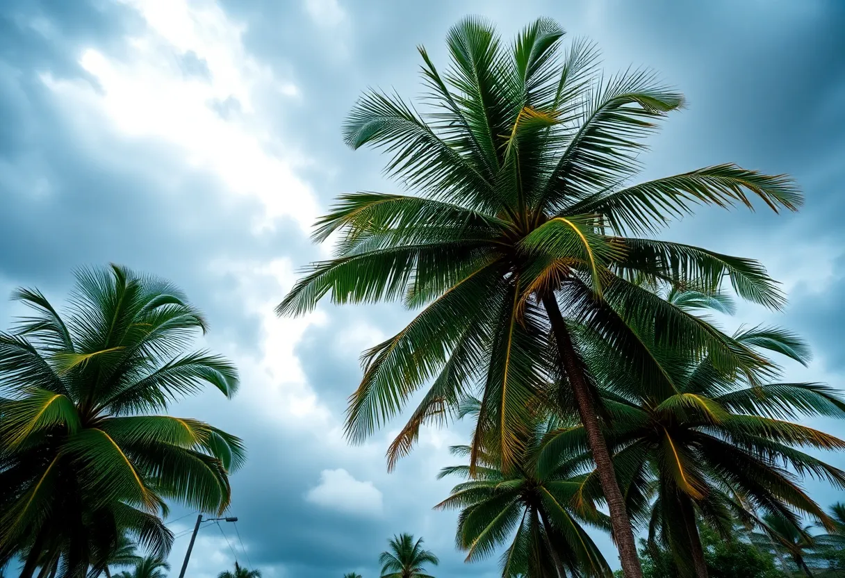 Palm trees swaying in high winds during severe weather on Kaua'i
