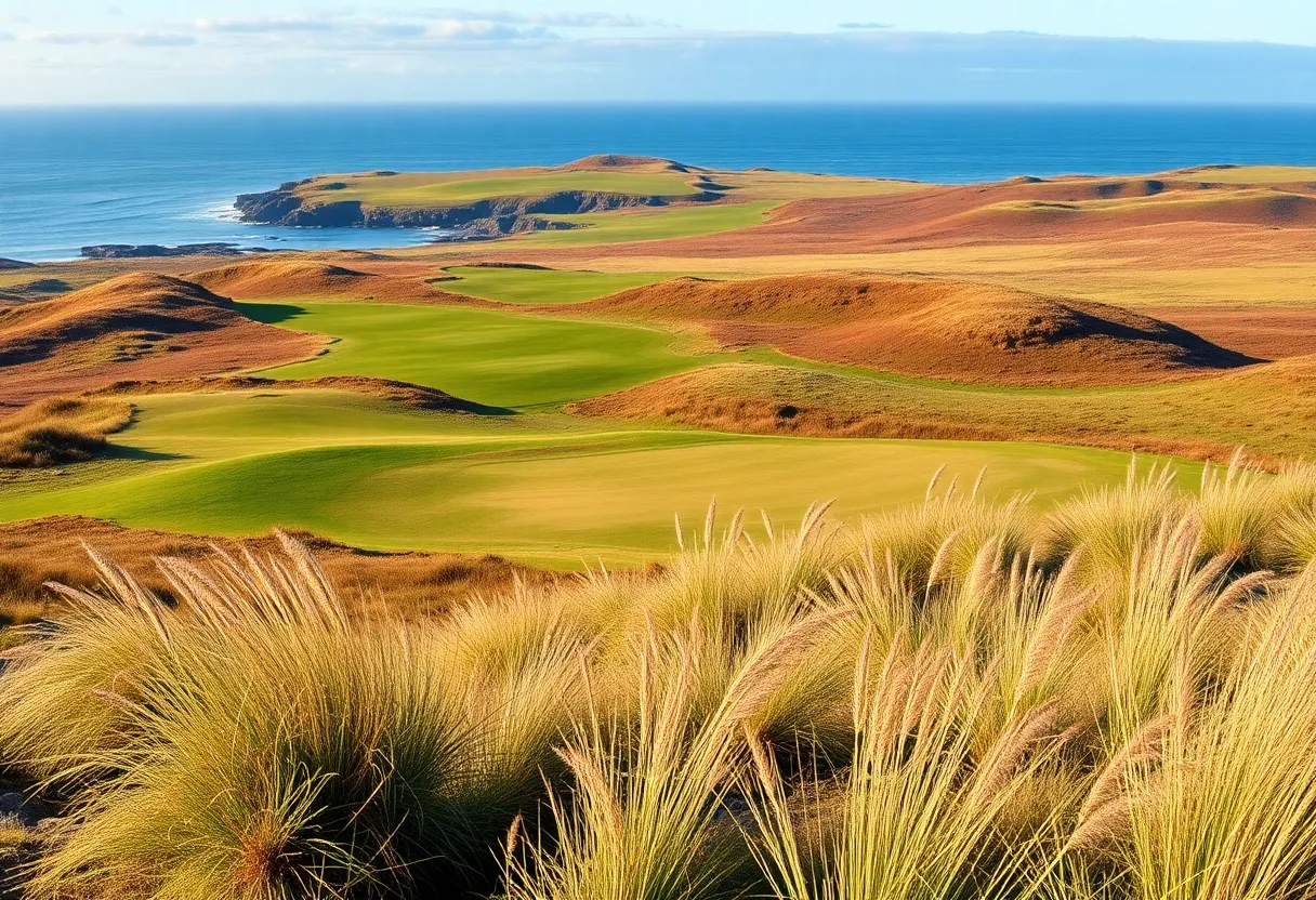 Scenic view of a links golf course with coastal landscapes
