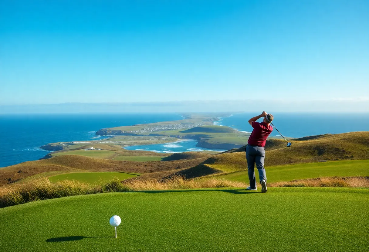 A breathtaking view of a links golf course along the coast of Great Britain.